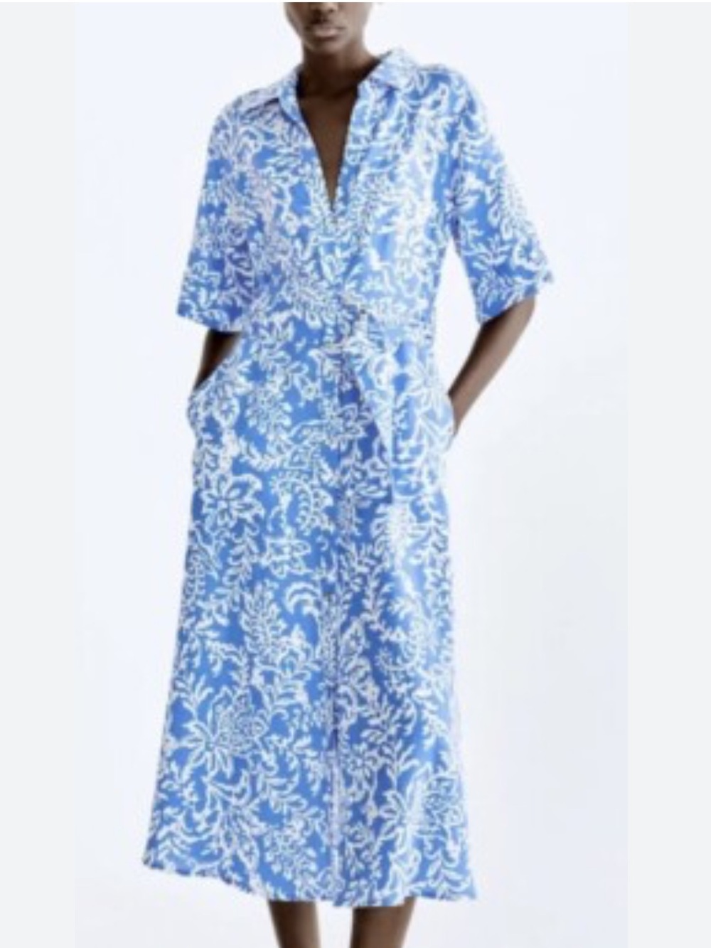 ZARA Blue Floral Midi Shirt Dress - Picture 2 of 5